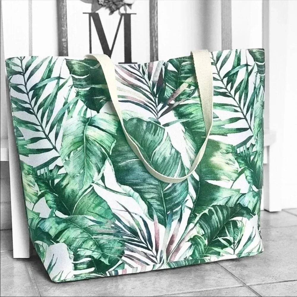 Tropical Leaf Print Tote Bag | Large Beach Travel Diaper Laptop Bag